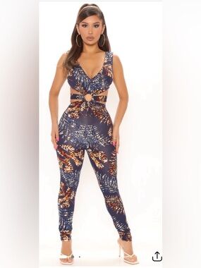 Fashion Nova Navy Tropical Leopard Cutout Jumpsuit